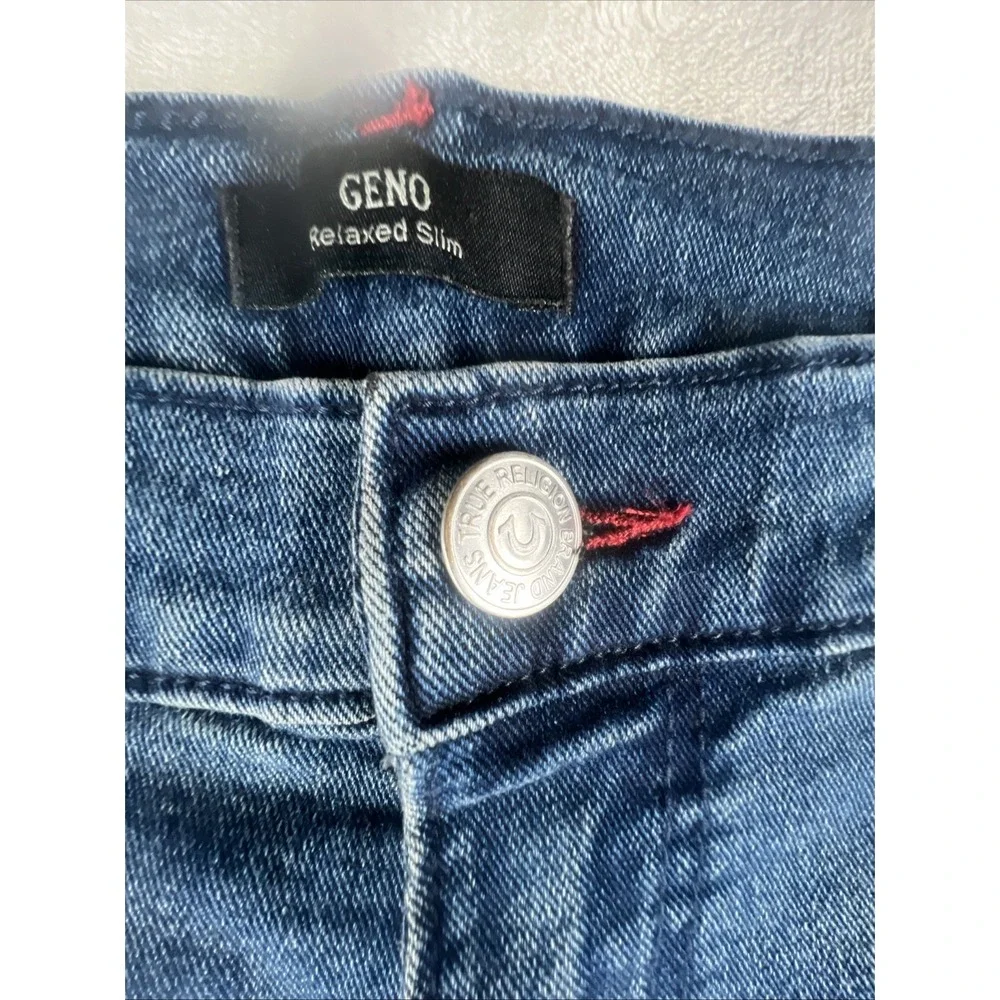 True Religion World Tour Jean Men 42x32 Geno Big Flap Relaxed Denim Red ‎ Stich